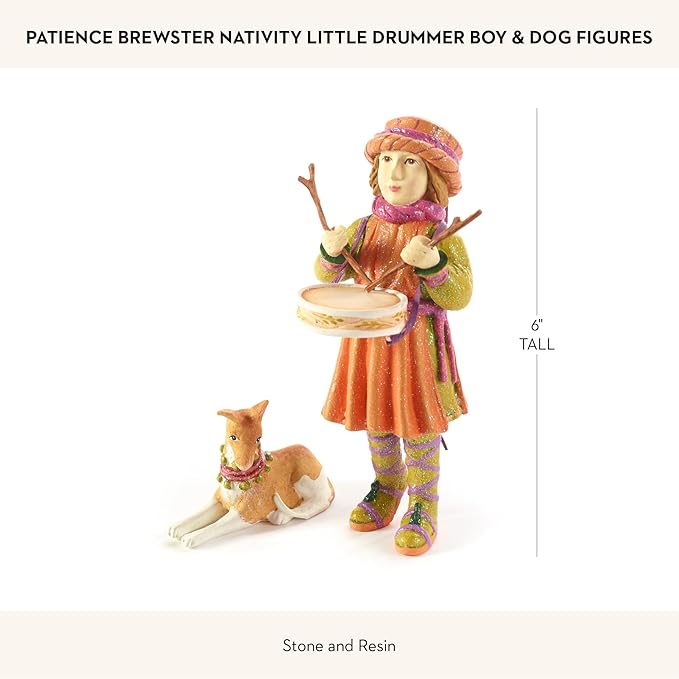 MACKENZIE-CHILDS Patience Brewster Nativity Figurine, Christmas Nativity Home Decor, Little Drummer Boy and Dog