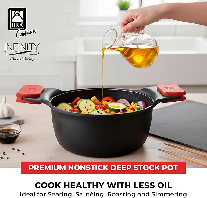 BRA COOKWARE Infinity Nonstick Stock Pot w/Glass Lid | 9.5 Inch 3.8 Quart Cast Aluminum Cooking Pot | PFOA/PFAS Free Deep Pot | All Cooktops (incl Induction) | Removable Silicone Handle
