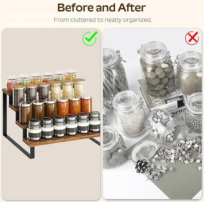 Spice Rack, 4 Tier Wooden Display Riser Stand, Kitchen Storage Organizer for Spices, Versatile Display Shelf, Space Saving, for Kitchen Countertop and Cabinet, Rustic Brown SR04L2BR