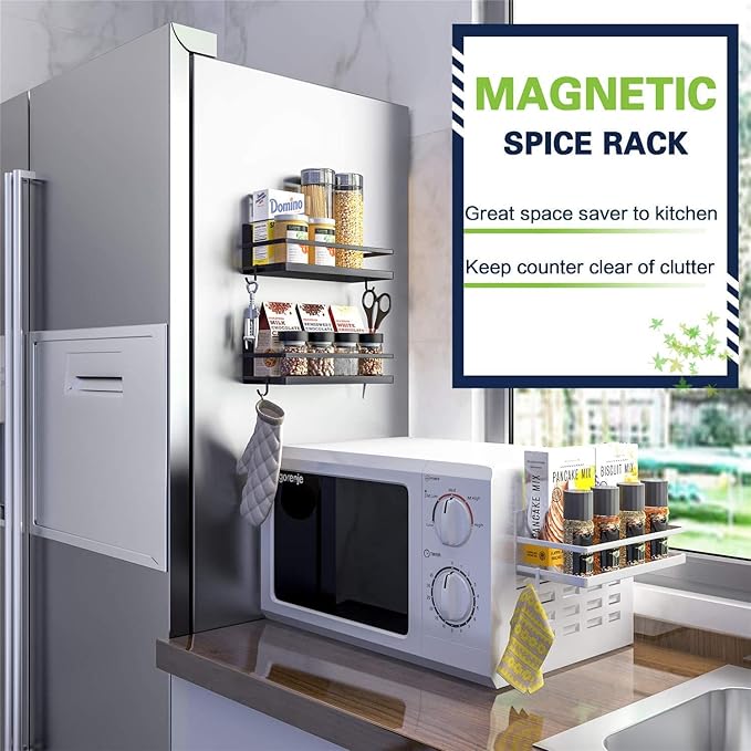 Magnetic Spice Rack, Strong Magnetic Shelf with 4 Removable Hooks, Perfect Space Saver for Small Kitchen/Apartment, Awesome Metal Cabinet for Holding Spices, Jars, Bottle(White, 2Pack)
