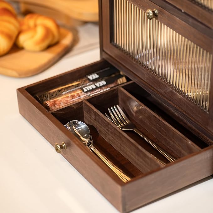 Solid Wood Bread Box for Kitchen Countertop with Drawer and 50 Count Deli Paper, 2 Layer Large Capacity Wooden Breadbox, Vintage Food Storage Container for Kitchen Counter Corner, Brown
