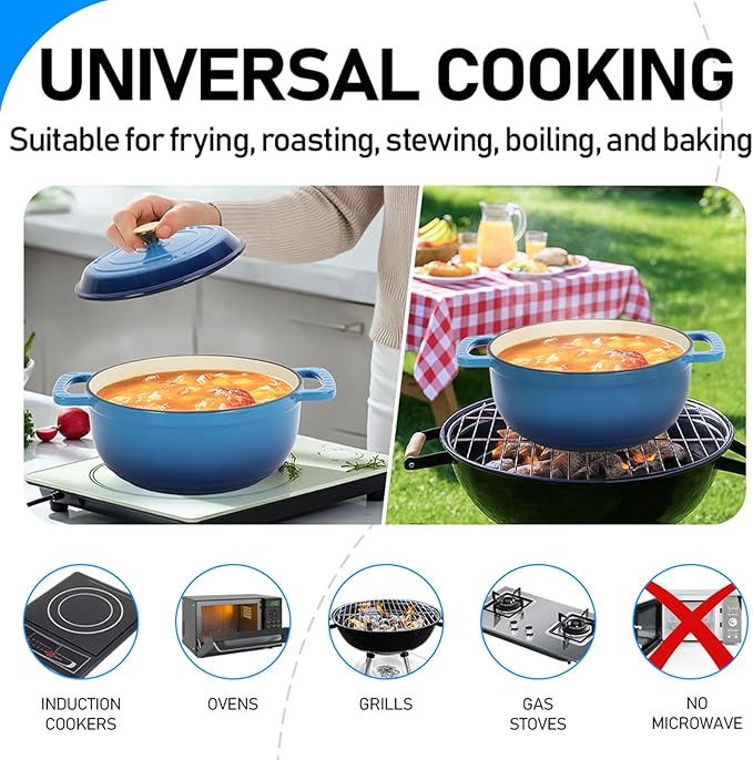 ROVSUN 5 Quart Enameled Cast Iron Dutch Oven with Lid, Dual Handles, Oven Safe up to 500°F or on Stovetop, Compatible for Braising, Stews, Roasting, Bread Baking-Blue