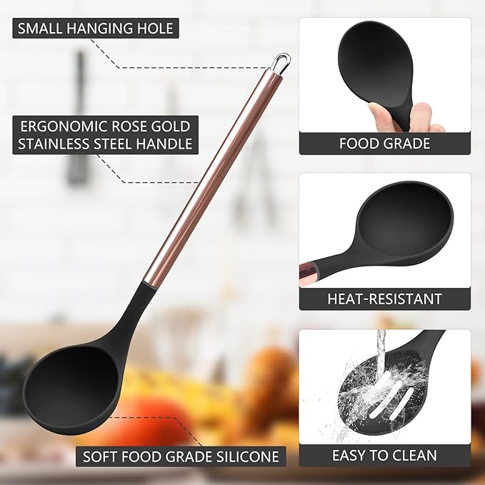 Black Kitchen Utensil Set with Holder, 22 Pcs Silicone Cooking Utensils Set for Nonstick Cookware, Heat Resistance Spatula Set, Stainless Steel Handle Kitchen Gadgets Utensils Set