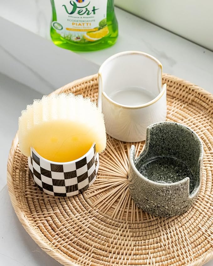 Sponge Holder for Kitchen Sink, Ceramic Dish Sponge Drying Caddy Scrubby Daddy Kitchen Organizer Cute Dish Rack for Sink Counter, Beige White