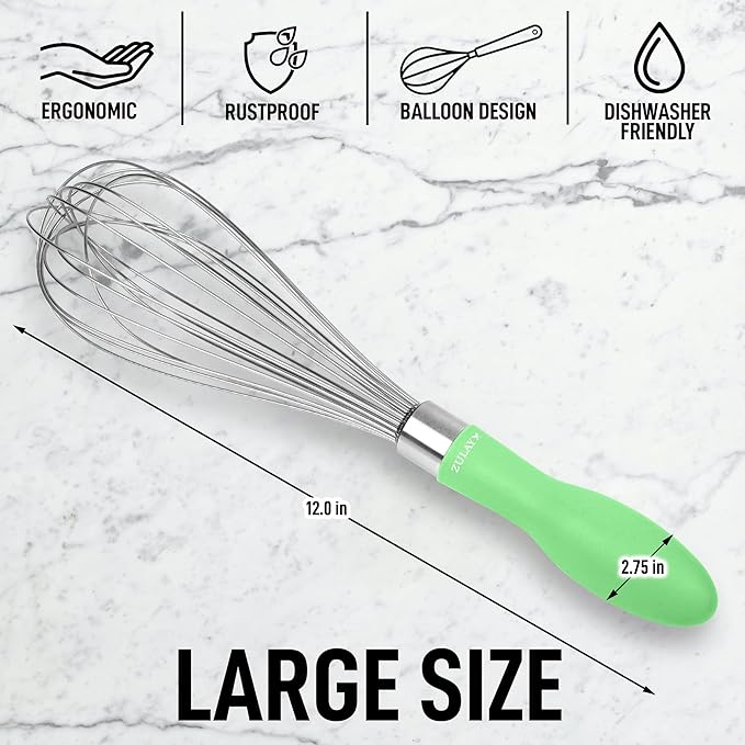Zulay Kitchen Stainless Steel Balloon Whisk 12 Inch – Heavy Duty and Durable Wire Whisk with Non-Slip Silicone Handle for Blending, Whipping & Beating - Green