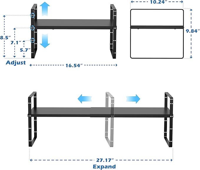 SANNO Expandable Kitchen Shelf Organizers,Adjustable Height Large Stackable Kitchen Cupboard Cabinet, Pantry and Counter Shelf Organizer, Cupboard Stand Spice Rack, Black, 2 Pack