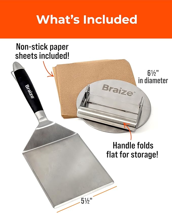 Smash Burger Press Kit, Stainless Steel Burger Press - Heavy Duty Grill Tools for Smashburgers, Flat Top Griddles, Cast Iron Pans, BBQ Accessories for Home Chefs (Spatula)
