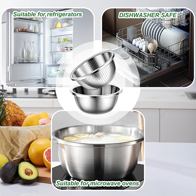 304 Stainless Steel Microporous Colander Set - 3QT Large Capacity Kitchen Strainer, Dishwasher Safe for Vegetable/Fruit/Rice Washing & Cooked Pasta Draining （2PC)