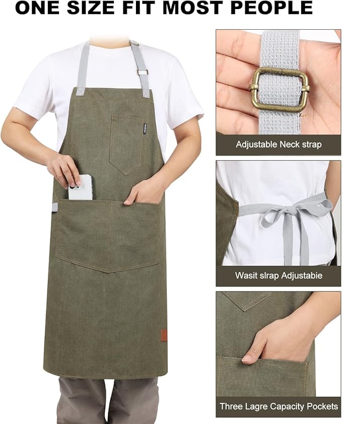 Womens Apron With Pockets Adjustable Shoulder Strap,Apron For Men 38.5" Extra-Long Straps Fit More Body Types,Chef Apron For Kitchen Garden Barbecue Woodworking