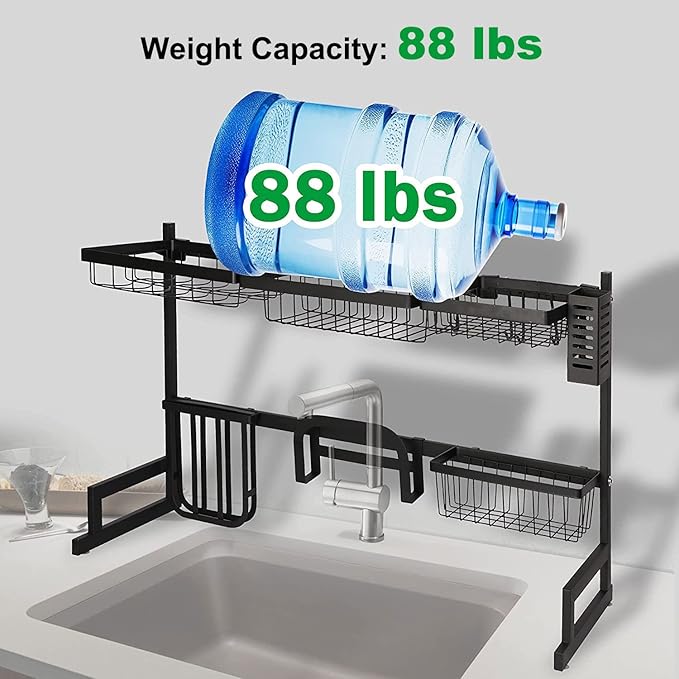 LUCKYERMORE Over The Sink Dish Drying Rack, 2 Tier Dish Drying Rack,Dish Drainer Rack for Kitchen Counter Organization and Storage,Space-Saving Dish Rack,33.4" x 12.5" x 20.4", Black