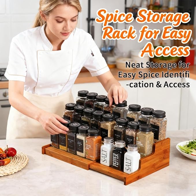 JinDoWin Spice Organization for Cabinet Spice Organizer, 3-Tier Spice Rack Organizer for Cabinet, Multi-Use Seasoning Rack (1, Dark Bamboo)