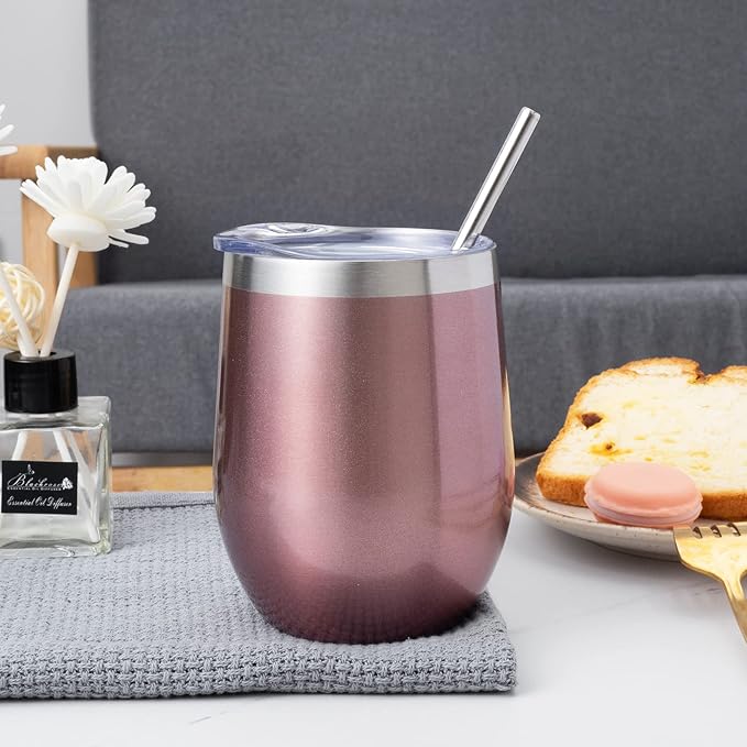 12 oz Insulated Wine Tumbler with Lid and Straw,Stainless Steel Stemless Wine Tumbler Glasses Double Wall Vacuum Wine Cups Tumbler Bulk for Coffee,Champaign,Cocktail,Office（Multicolor,4）