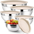5 Piece Stainless Steel Mixing Bowls with Lids Set - Khaki Nesting Metal Mixing Bowls for Kitchen, Sizes 4.5, 4, 3.5, 2.1, 1.5 Qt for Baking, Cooking and Serving, Dishwasher Safe