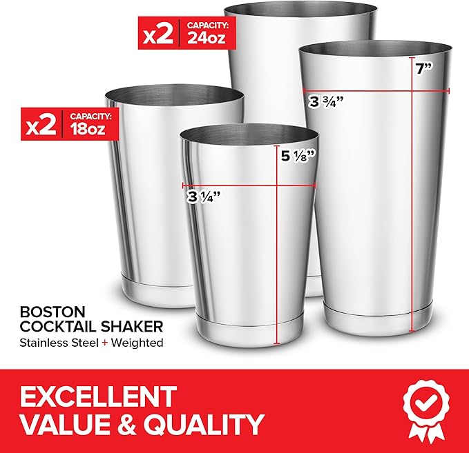 (2 Pack) Boston Cocktail Shaker, Drink Mixing Set (18oz & 28oz) Weighted Stainless Steel Shaker Tins, Cocktail & Martini Mixed Drink Shakers, Essential & Professional Bar Tools For Bartending
