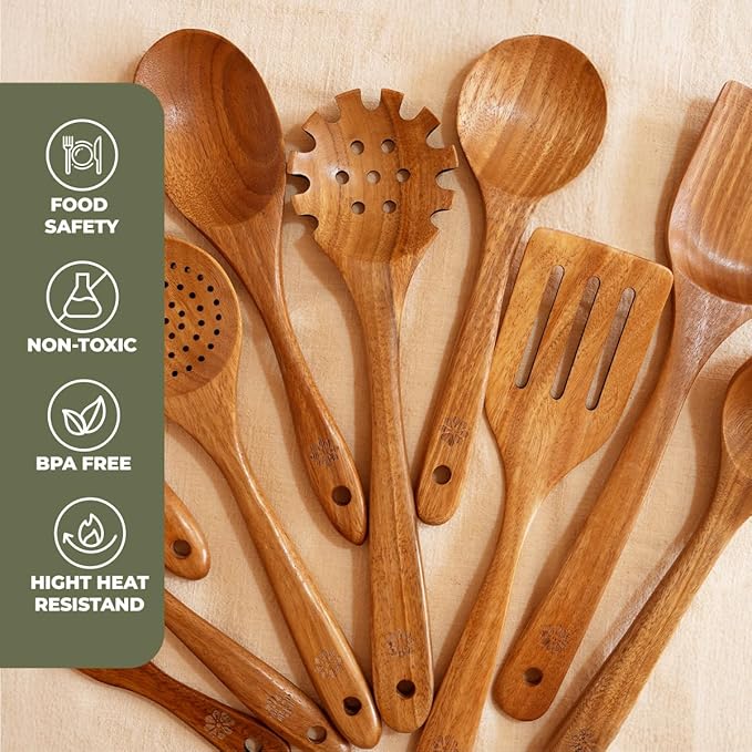 Premium Teak Wooden Cooking Utensils Set, 10+1 Piece Nonstick-Safe Kitchen Utensil Set with Silicone Mat, Heat-Resistant Non-Toxic Wood Spoons & Spurtle for Cooking