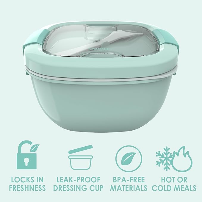 Bentgo Salad Container - 54 oz Bowl with 4-Compartment Toppings Tray, Leak-Proof Dressing Container, Reusable Fork, BPA-Free Lunch Box for Meal Prep & Food Storage; Removable Bento Tray (Coastal Aqua)