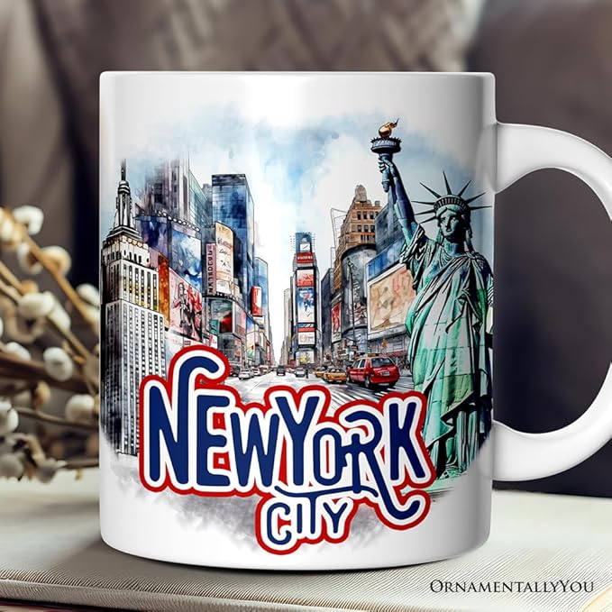 OrnamentallyYou State Travel Landmark Mugs – 12 oz Ceramic Coffee Cups, U.S. Souvenir Gift for Tourists (Handmade Artistic New York City Mug)