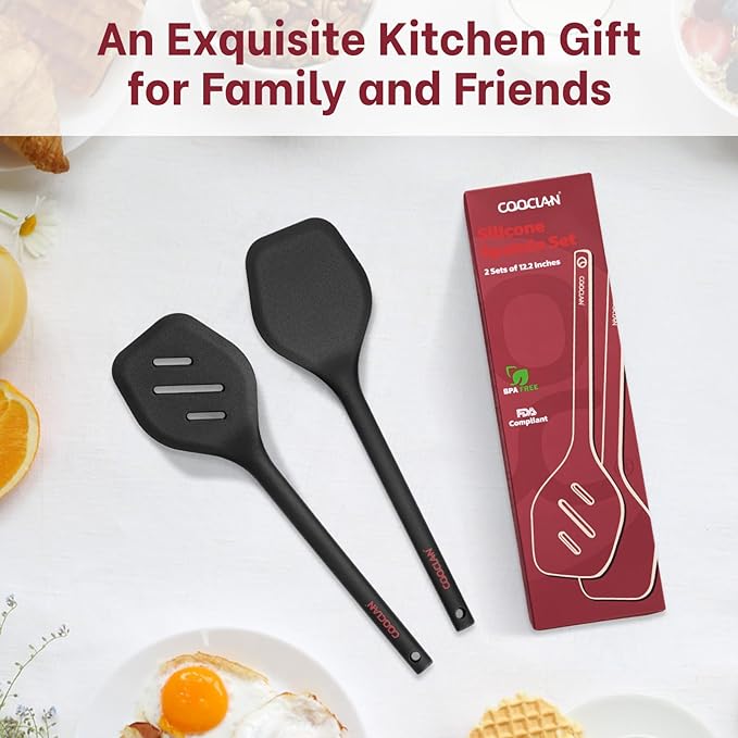 Pack of 2 Silicone Spatula Turner Set, Heat Resistant BPA-Free Silicone Kitchen Spatula Set for Non-Stick Pans, One-Piece Design Solid & Slotted Turner Ideal for Flipping Eggs, Pancakes, Black