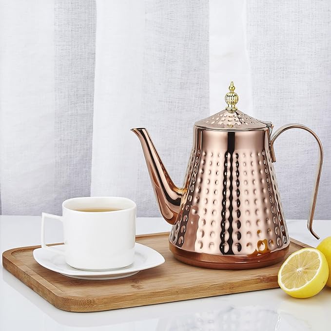 SANQIAHOME 1.6L(54oz) Stainless Steel Hammer Patterned Teapot With Removeable Infuser,Loose leaf cover,Copper