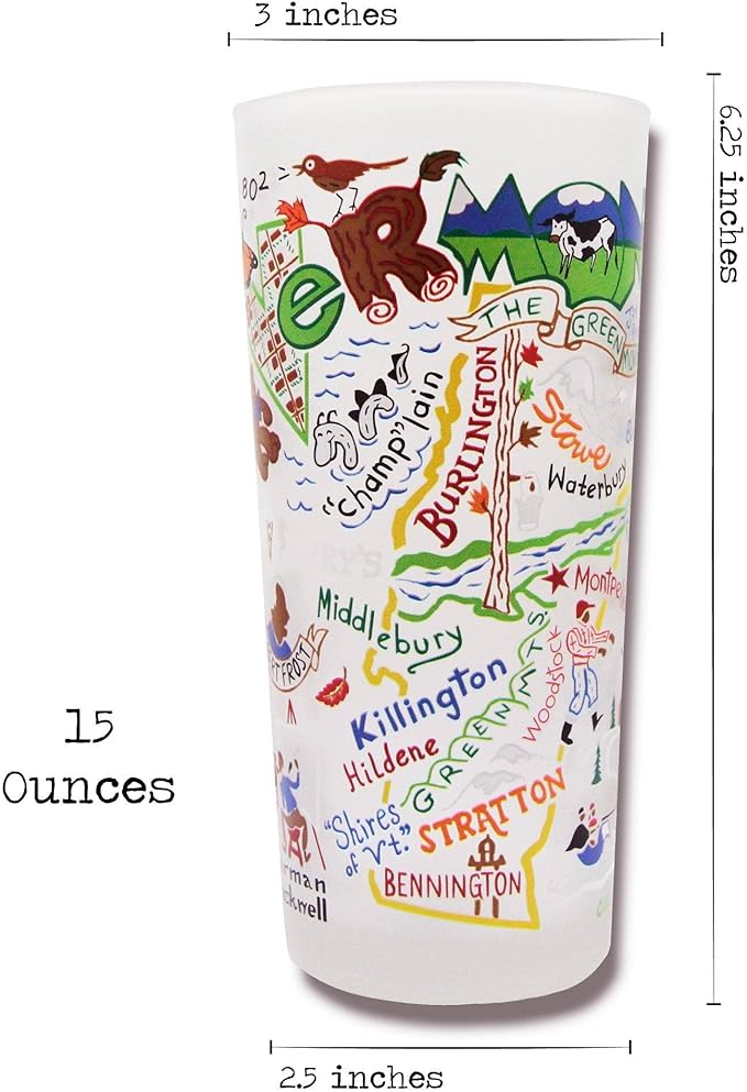 Catstudio Drinking Glass, Vermont Frosted Glass Cup for Kitchen, Drinking Glasses, 15oz Dishwasher Safe Tumbler for Vermont Lovers