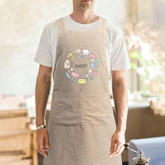 Cotton Linen Apron Non-tie Cross Back Kitchen Apron with Pockets Soft Comfortable Durable for Cooking Baking Gardening (Khaki,Bakery)