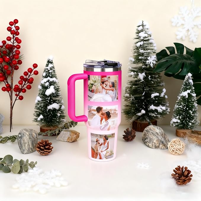 Personalized 40oz Tumbler with Handle, Custom Insulated Tumblers with Pictures Logo, Stainless Steel Travel Coffee Mug, Personalized Gifts for Women Men Birthday Fathers Day Mothers Day(8 PHOTOES)
