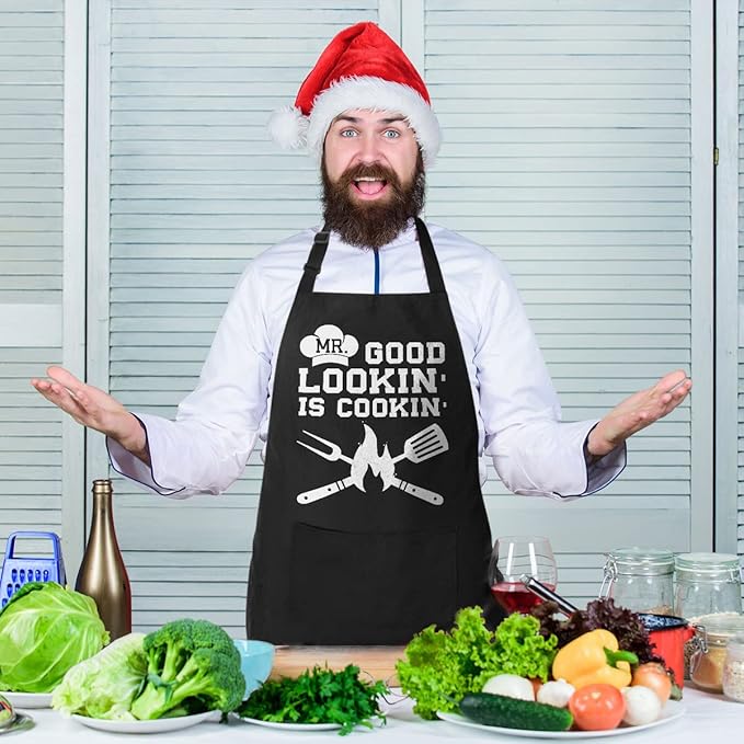 100% Cotton, Black Funny Aprons for Men, Dad, Husband - Birthday, Father’s Day Grilling Gifts for Papa, Husband.