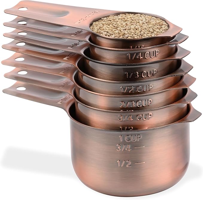 Copper Measuring Cups Set 7, Stainless Steel Set for Kitchen & Baking, Meteor Metric & US Cups With 2/3 & 3/4 Measure for Dry & Liquid Ingredients