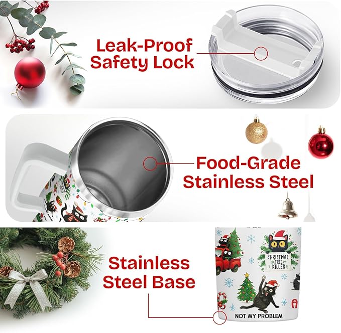 34HD 40oz Funny Christmas Cat Tumbler with Handle – Black Cat Gift, Holiday Travel Mug with Lid & Straw
