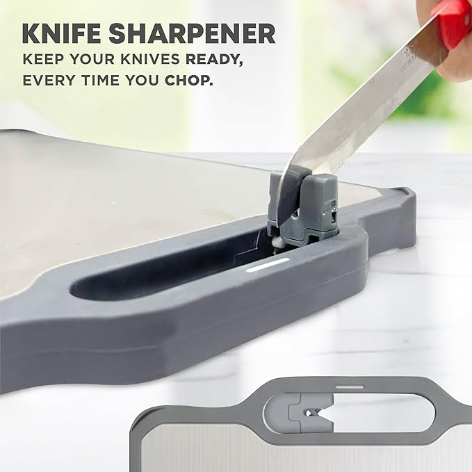 Double-Sided Titanium Cutting Board with Stand, Knife Sharpener, Grater & Storage Bag | Non-Toxic Titanium + Wheatstraw PP Chopping Board | Healthy Kitchen Accessory for Meat, Vegetables & Fruit
