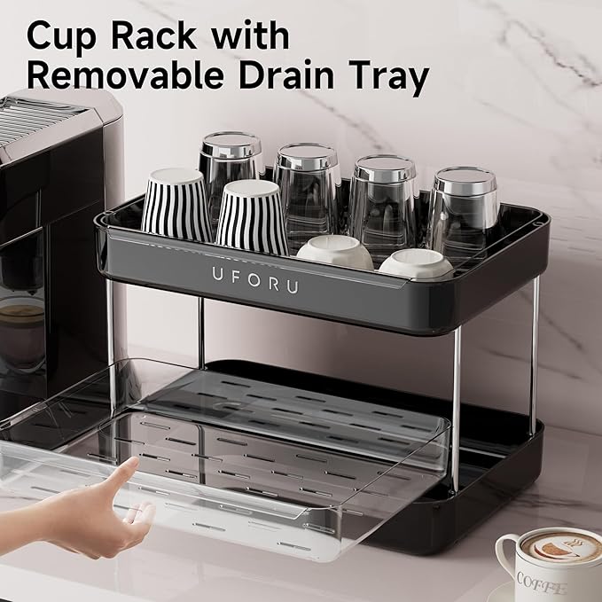 Countertop Coffee Station Organizer, 3 Tier Wine Glass Holder, Mug Shelf with Removable Drain Tray, Spice Rack for Kitchen, Bathroom Countertop Organizer, Black