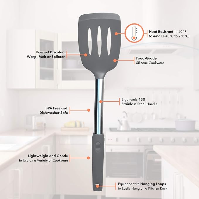 Home & Kitchen Essentials Cooking Utensils Set - Non Stick Silicone Kitchen Utensils Set - Stainless Steel Handles, Heat Resistant, BPA Free, and Dishwasher Safe (Gray, 19 Pieces)