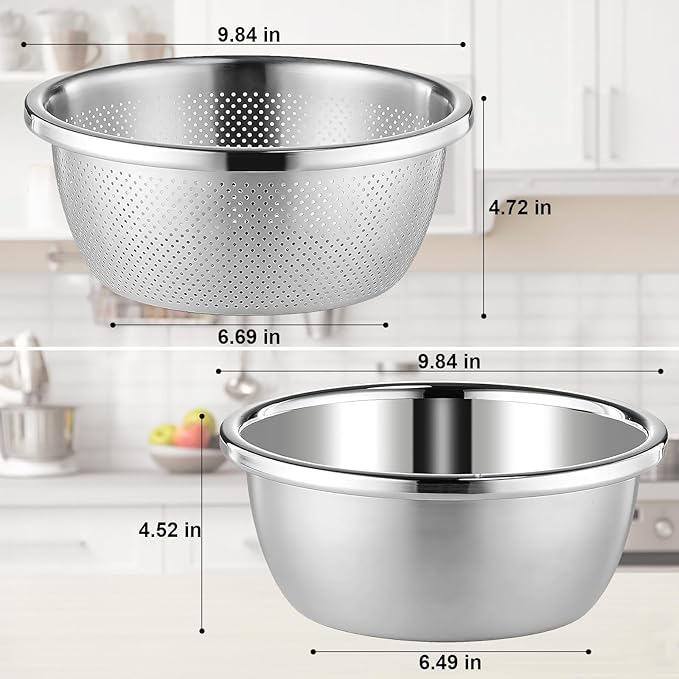 304 Stainless Steel Microporous Colander Set - 3QT Large Capacity Kitchen Strainer, Dishwasher Safe for Vegetable/Fruit/Rice Washing & Cooked Pasta Draining （2PC)