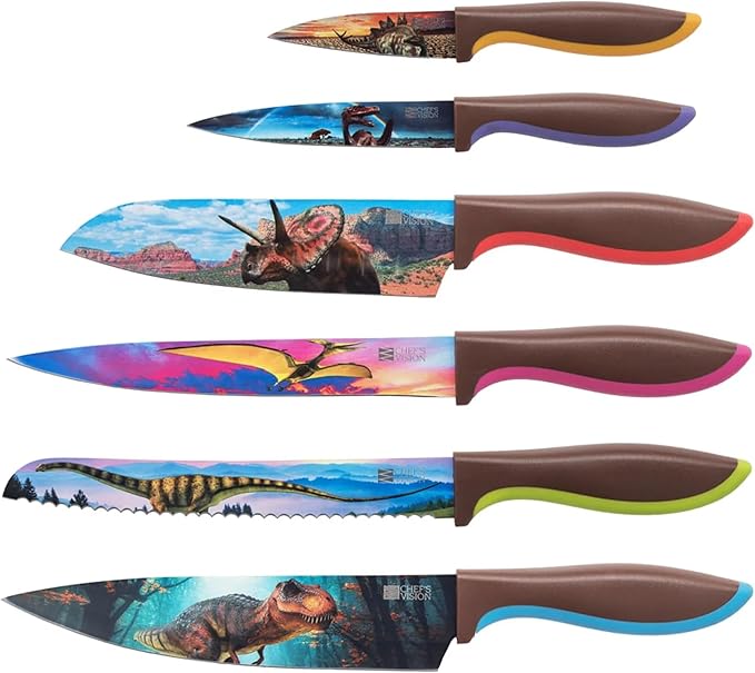 CHEF'S VISION Jurassic Knife Set - 6-Piece Stainless Steel Cutting Knives Set for Kitchen - Stunning Dinosaur Designs, Great Gift for Women or Men - Unique Kitchen Knife Set Gift