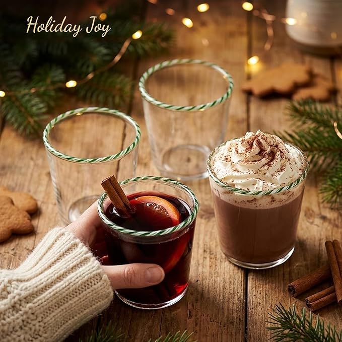 Gusto Buono Holiday Drinking Glasses — Set of 4 13oz Old Fashioned Glass, Borosilicate Glass Tumbler Vintage Glassware with Candy Cane Design