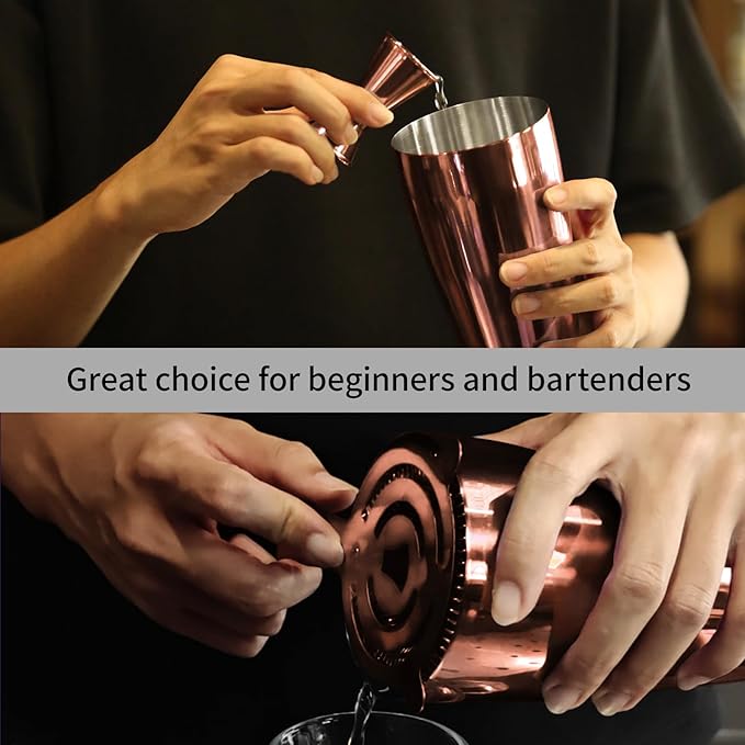 Boston Cocktail Shaker Bar Set, Weighted Boston Shaker Tins, Bartender Kit with 18oz & 28oz Mixed Drink Shaker, Hawthorne Strainer, Double Measuring Jigger - Rose Gold