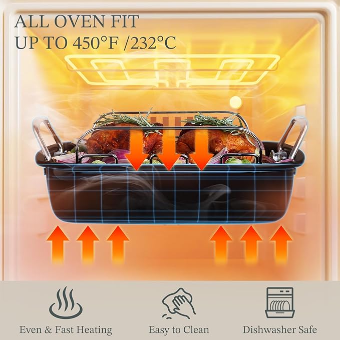 KITESSENSU Large Roasting Pan with Rack - 25 LB Nonstick Turkey Roaster Pan for Oven - Heavy Duty Carbon Steel Roasting Pan with Wider Handles for Chicken, Vegetables & Holiday Meals, Gold
