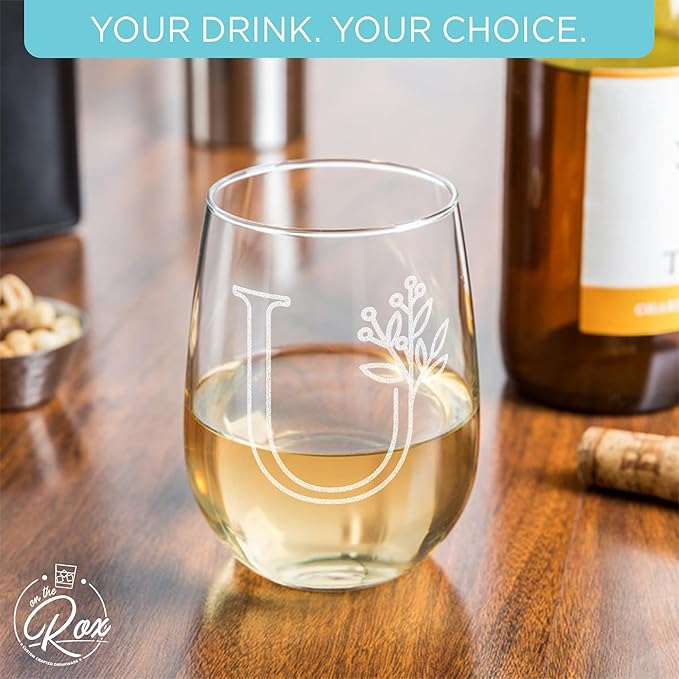 On The Rox Drinks Monogrammed Gifts For Women and Men - Letter A-Z Initial Engraved Monogram Stemless Wine Glass - 17 Oz Personalized Wine Gifts For Women and Men (U)