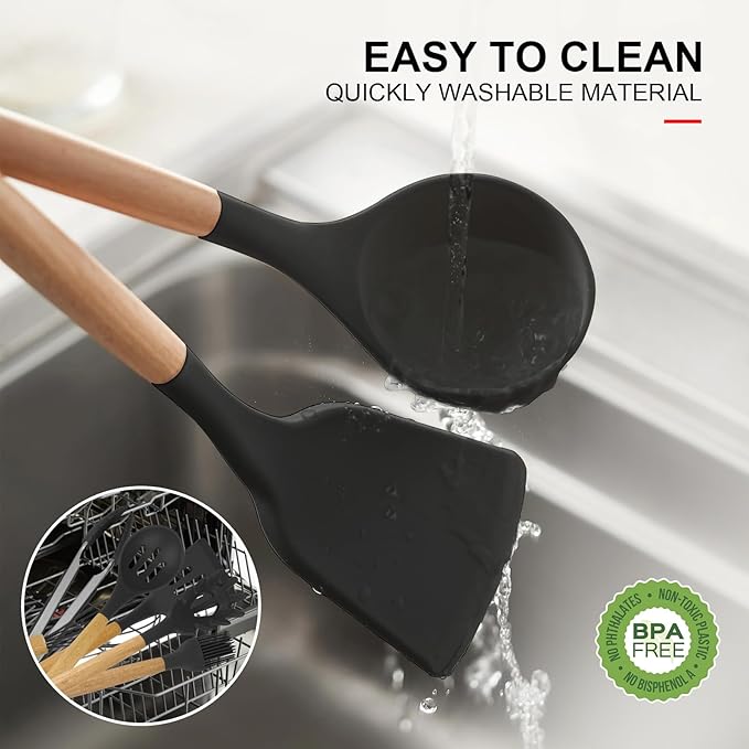 Silicone Cooking Utensils Kitchen Utensil Set - 446°F Heat Resistant Silicone Kitchen Utensils Set, Spatula,Turner Tongs, Spoon, Brush, Whisk,Kitchen Gadgets for Nonstick Cookware, BPA Free (Grey)