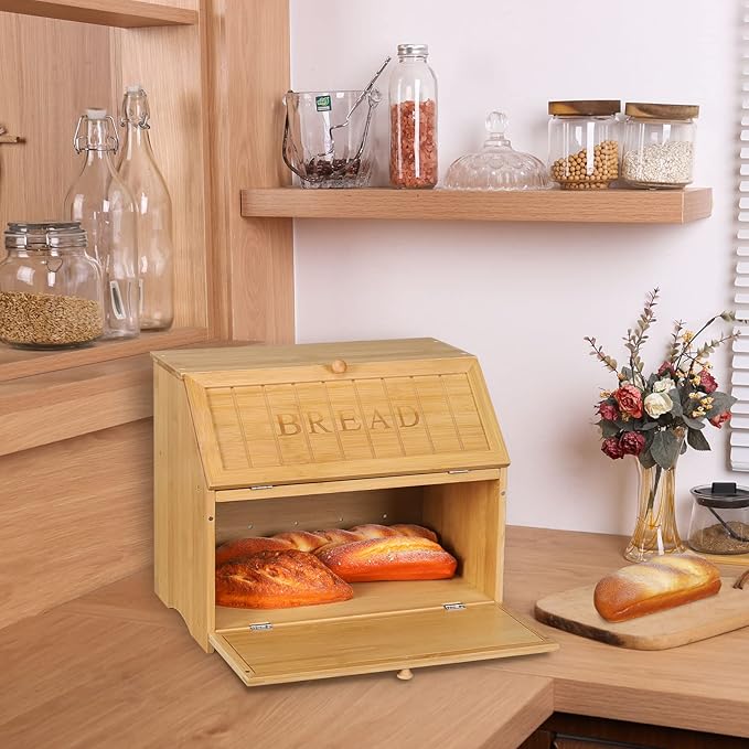 HOMEKOKO Vintage Double Layer Large Bread Box for Kitchen Counter, Retro Design Wooden Large Capacity Bread Storage Bin (Natural Bamboo)