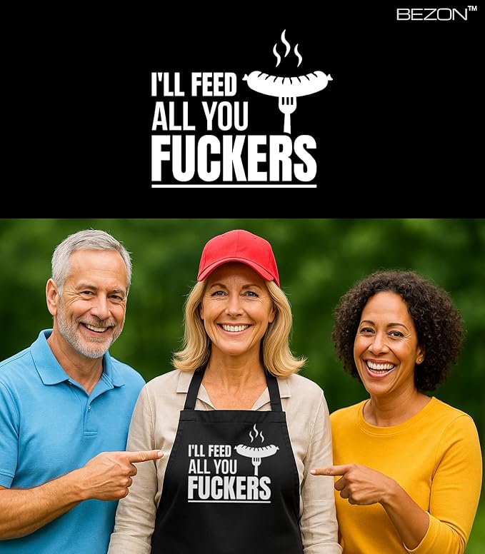 BEZON Funny Grill Apron for Men – Beer Can Gift Packaging – Hilarious BBQ Gift for Dad, Husband, or Friend – Heavy-Duty Water-Resistant Canvas – I’ll Feed All You F..ckers!