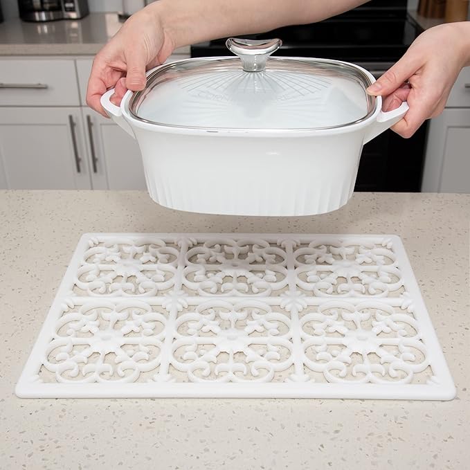 GASARÉ, Extra Large, Thick, Silicone Trivet for Hot Dishes, Pots, and Pans, Heat Resistant Mat for Countertop, Hot Pad for Kitchen, Easy to Clean, 16 x 12 x 3/8 Inches, White