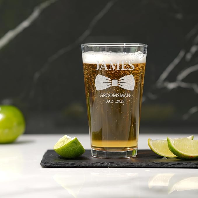 Personalized Groomsmen Beer Pint - 16oz Best Man Beer Glass - Custom Etched Drink Glassware, Engraved Gifts for Wedding Favors, Best Man Proposal Gifts, Bachelor Party