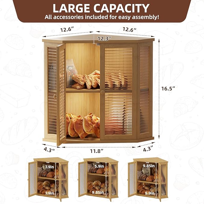 Corner bread box Bread Box for Kitchen Countertop - Corner Bread Storage Box 16.51" H, Premium Pine Wood with Glass Door, Perfect for Homemade Bread, Baguettes & Pastries (Natural wood)