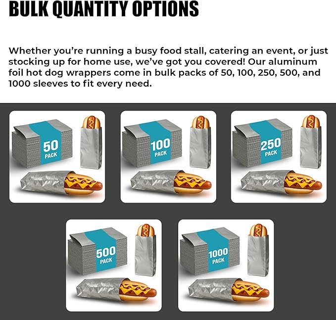 C&S Event Supply Co. Silver Foil Hot Dog Bags - 9'' Unprinted Hot Dog Wrappers - Grease Resistance Food Bags to Keep Food Hot and Non-Messy - 50 Pack Disposable Hot Bags for Fast Food and Food Truck