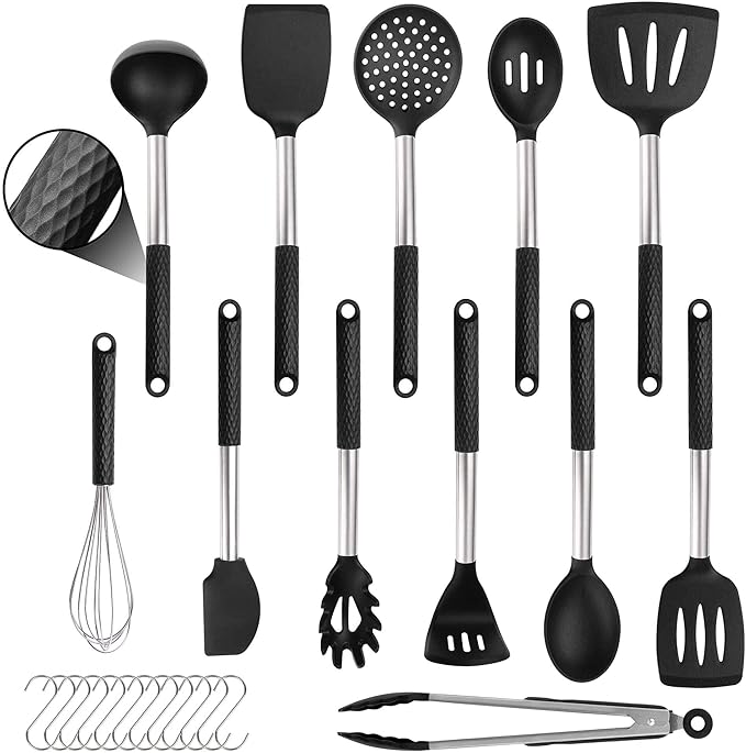 Rorence Silicone Cooking Utensil Set: 12 Pieces Kitchen Utensils Non-Stick & Heat Resistance Silicon And Stainless Steel Handles - Black