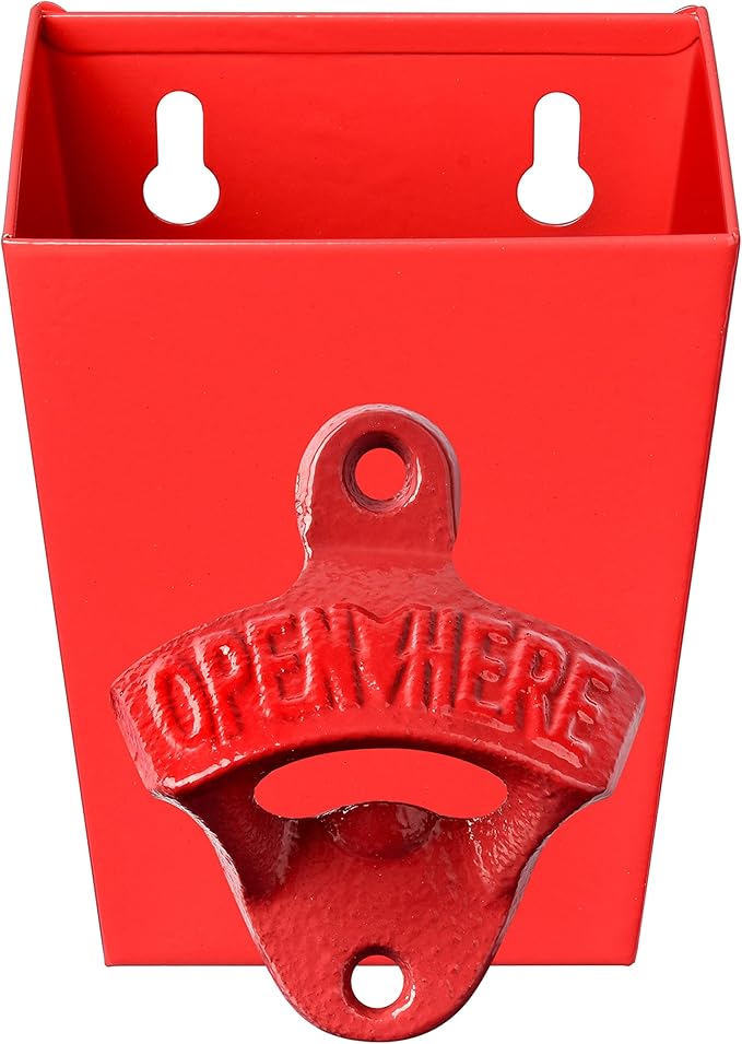 Red Cast Iron Beer Bottle Cap Opener Wall Mounted Soda Opener with Cap Catcher Bucket Narrow Bundle