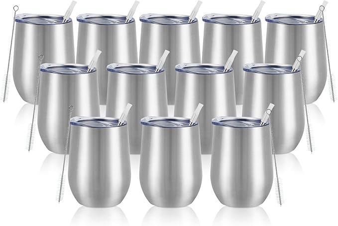 12 Pack Stainless Steel Wine Tumblers, 12Oz Double Wall Vacuum Insulated Wine Tumblers with Lids and Straws, Stainless Steel Stemless Wine Glasses for Coffee, Wine, Cocktails, Champaign, Silver