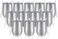 12 Pack Stainless Steel Wine Tumblers, 12Oz Double Wall Vacuum Insulated Wine Tumblers with Lids and Straws, Stainless Steel Stemless Wine Glasses for Coffee, Wine, Cocktails, Champaign, Silver