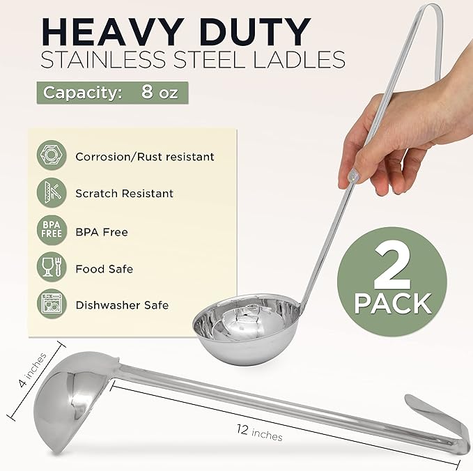 Fit Meal Prep [2 Pack] Stainless Steel Soup Ladle - One-Piece Sauce Spatula w/Hook Handles, Commercial Grade Serving Spoon, Kitchen Tool for Restaurant or Home Cooking, Mirror Finish, 14.25" Long